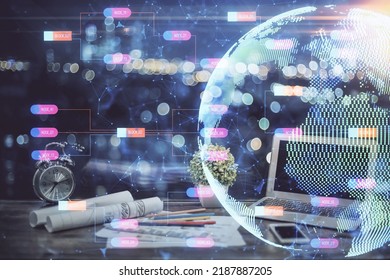 Multi exposure of table with computer and world map hologram. International data network concept.