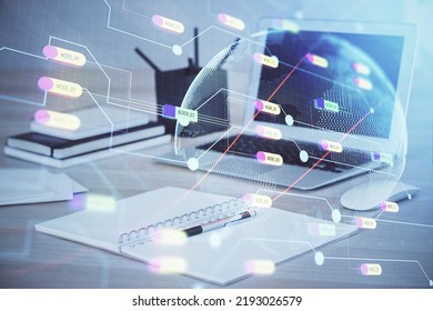 Multi exposure of table with computer and world map hologram. International data network concept.