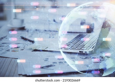 Multi exposure of table with computer and world map hologram. International data network concept.