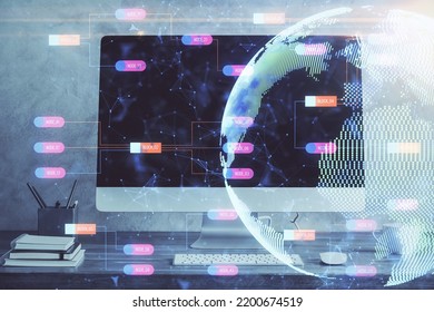 Multi exposure of table with computer and world map hologram. International data network concept.