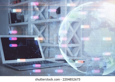 Multi exposure of table with computer and world map hologram. International data network concept.