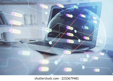 Multi exposure of table with computer and world map hologram. International data network concept.