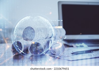 Multi exposure of table with computer and world map hologram. International data network concept.