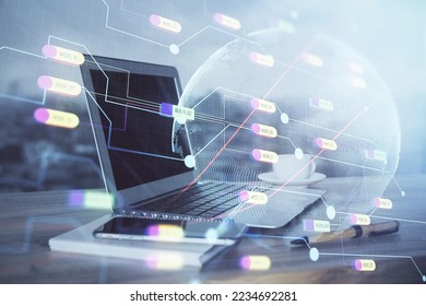 Multi exposure of table with computer and world map hologram. International data network concept.