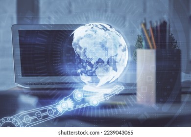 Multi exposure of table with computer and world map hologram. International data network concept.