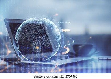 Multi exposure of table with computer and world map hologram. International data network concept.