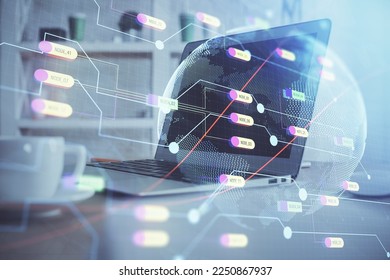 Multi exposure of table with computer and world map hologram. International data network concept.
