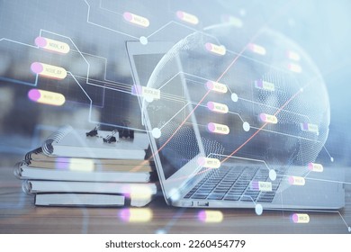 Multi exposure of table with computer and world map hologram. International data network concept.