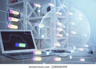 Multi exposure of table with computer and world map hologram. International data network concept.