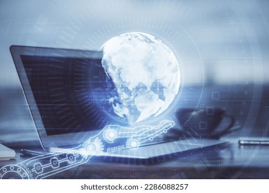 Multi exposure of table with computer and world map hologram. International data network concept.