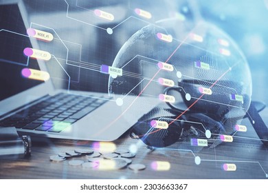 Multi exposure of table with computer and world map hologram. International data network concept.