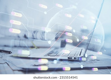 Multi exposure of table with computer and world map hologram. International data network concept.
