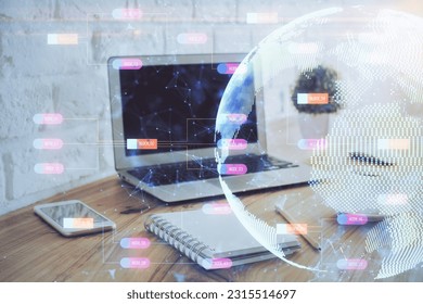 Multi exposure of table with computer and world map hologram. International data network concept.