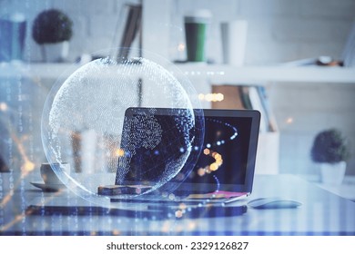 Multi exposure of table with computer and world map hologram. International data network concept.