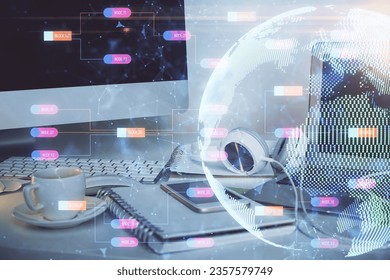 Multi exposure of table with computer and world map hologram. International data network concept.