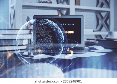 Multi exposure of table with computer and world map hologram. International data network concept.