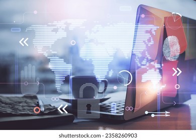 Multi exposure of table with computer and world map hologram. International data network concept.