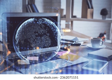 Multi exposure of table with computer and world map hologram. International data network concept.