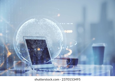 Multi exposure of table with computer and world map hologram. International data network concept.