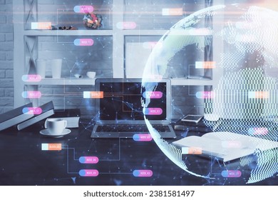 Multi exposure of table with computer and world map hologram. International data network concept.