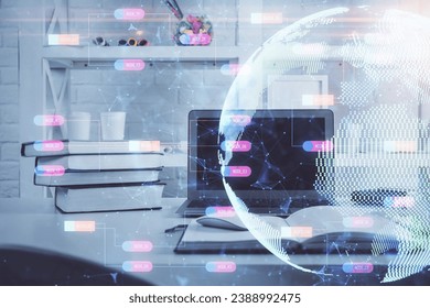 Multi exposure of table with computer and world map hologram. International data network concept.