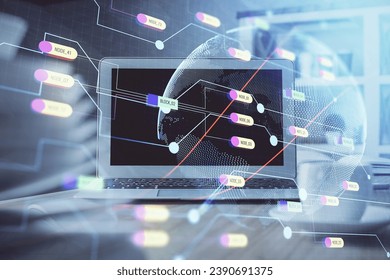 Multi exposure of table with computer and world map hologram. International data network concept.