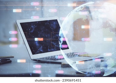 Multi exposure of table with computer and world map hologram. International data network concept.