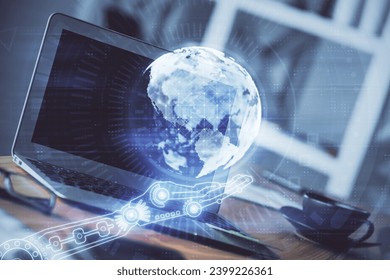 Multi exposure of table with computer and world map hologram. International data network concept.