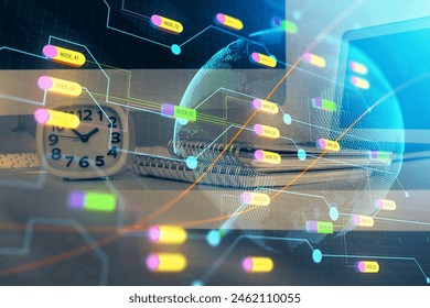 Multi exposure of table with computer and world map hologram. International data network concept.