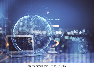 Multi exposure of table with computer and world map hologram. International data network concept. - Powered by Shutterstock - Get 15% off with code: PIKWIZARD15
