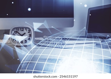 Multi exposure of table with computer and world map hologram. International data network concept.