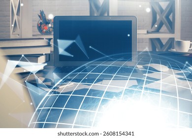 Multi exposure of table with computer and world map hologram. International data network concept. - Powered by Shutterstock - Get 15% off with code: PIKWIZARD15