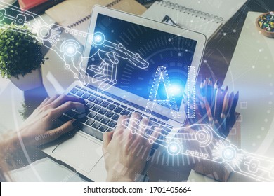 Multi Exposure Of Technology Hologram With Man Working On Computer Background. Concept Of Big Data.