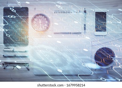 Multi exposure of technology theme drawing over work table desktop. Top view. Global data analysis concept.