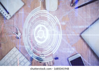 Multi exposure of technology theme drawing over work table desktop. Top view. Global data analysis concept.