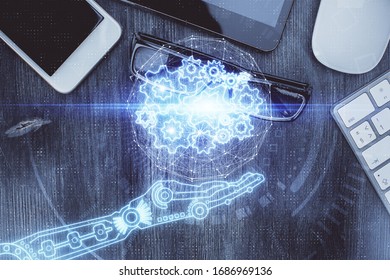 Multi exposure of technology theme drawing over work table desktop. Top view. Global data analysis concept.