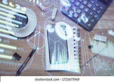Multi exposure of technology theme drawing over work table desktop. Top view. Global data analysis concept.
