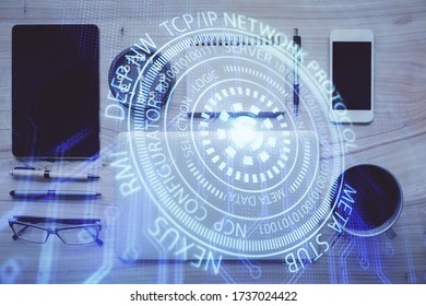 Multi exposure of technology theme drawing over work table desktop. Top view. Global data analysis concept.