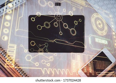 Multi exposure of technology theme drawing over work table desktop. Top view. Global data analysis concept.