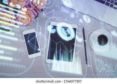 Multi exposure of technology theme drawing over work table desktop. Top view. Global data analysis concept.