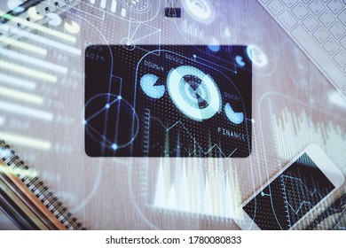 Multi exposure of technology theme drawing over work table desktop. Top view. Global data analysis concept.