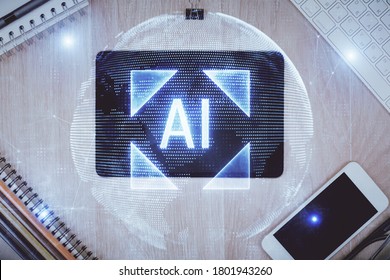 Multi exposure of technology theme drawing over work table desktop. Top view. Global data analysis concept.