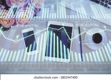 Multi exposure of technology theme drawing over work table desktop. Top view. Global data analysis concept.