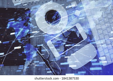 Multi exposure of technology theme drawing over work table desktop. Top view. Global data analysis concept.