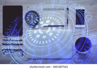 Multi exposure of technology theme drawing over work table desktop. Top view. Global data analysis concept.