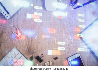 Multi exposure of technology theme drawing over work table desktop. Top view. Global data analysis concept.