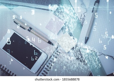 Multi exposure of technology theme drawing over work table desktop. Top view. Global data analysis concept.