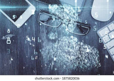Multi exposure of technology theme drawing over work table desktop. Top view. Global data analysis concept.