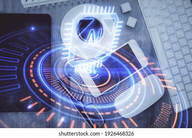 Multi exposure of technology theme drawing over work table desktop. Top view. Global data analysis concept.