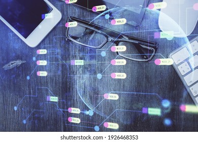 Multi exposure of technology theme drawing over work table desktop. Top view. Global data analysis concept.